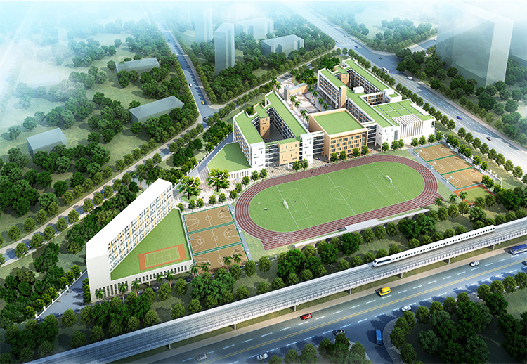 深圳龙华实验学校校园鸟瞰效果图，呈现整体规划布局与运动场地