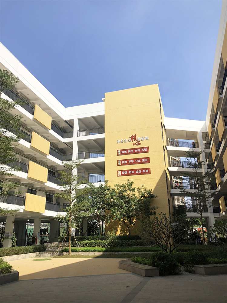 深圳龙华实验学校教学楼实景，另一角度的校园建筑与绿植景观