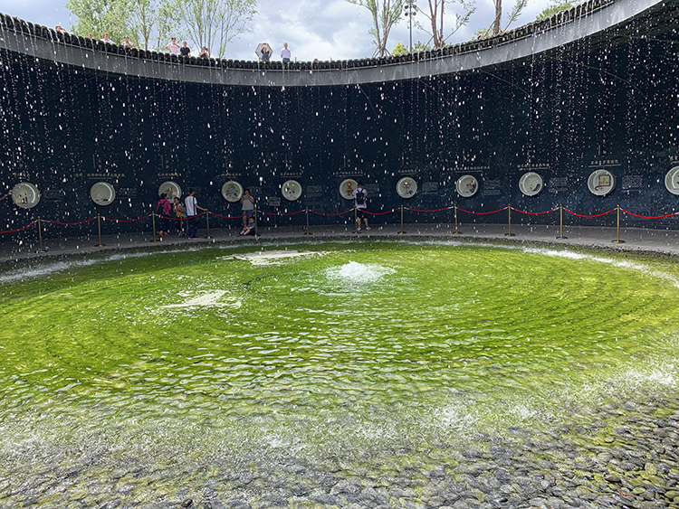 世园会植物馆环形水幕庭院,绿色水面与悬垂雨丝装置,营造雨林生态意境