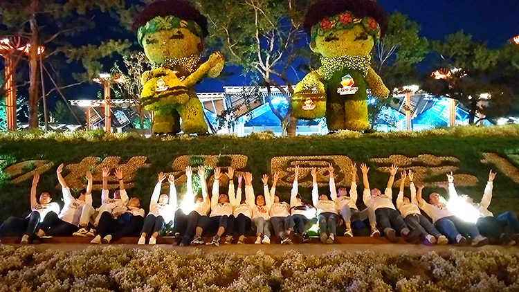 夜幕下世园会绿植造型景观前,锦连环团队列队合影,灯光璀璨气氛热烈
