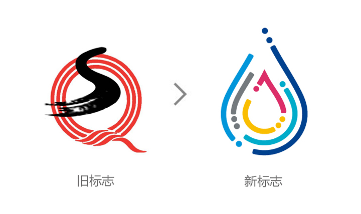 清河第四小学新旧标志对比图，左为旧版红色标志，右为新版水滴造型校徽，展现教育品牌升级设计