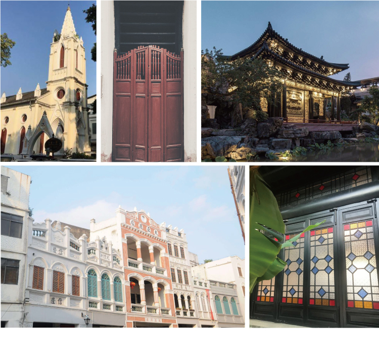 广州荔湾区骑楼教堂等历史建筑照片拼贴，呈现青少年宫品牌设计的本土粤文化背景