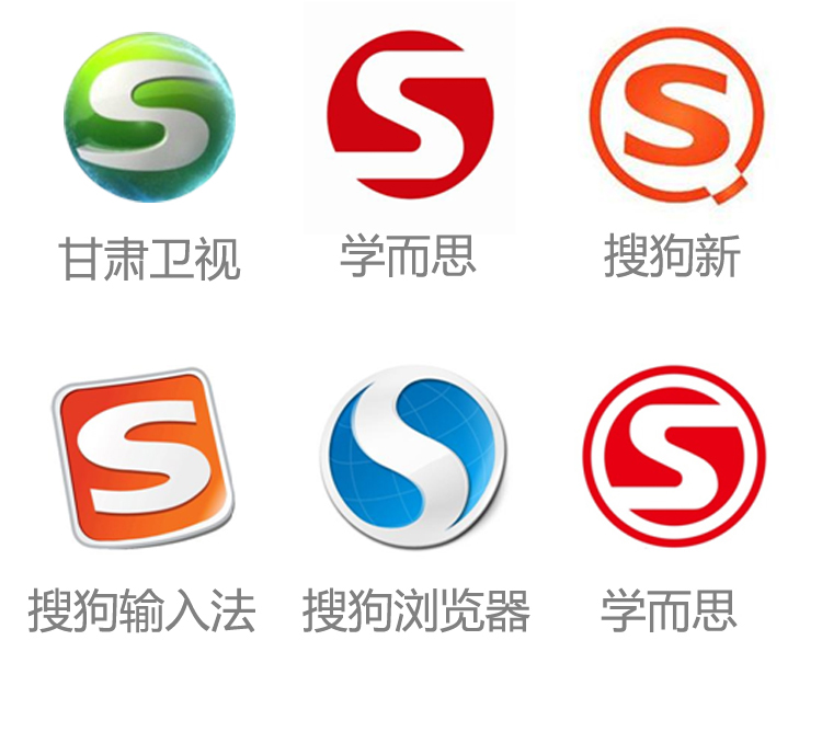 甘肃卫视搜狗学而思等多家品牌的S形标志对比，说明品牌符号同质化困境