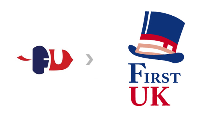 FIRSTUK校徽改版前后对比，新版礼帽造型标志，锦连环教育品牌设计