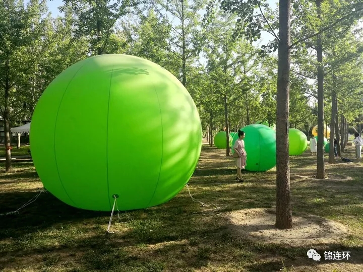 中央美院草坪绿色巨型圆球装置艺术，百年校庆校园环境景观布置