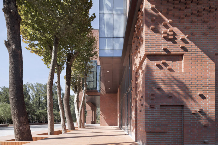清华大学南区食堂红砖建筑一角与林荫树木，阳光下砖墙温润，营造朴素自然的校园文化环境氛围