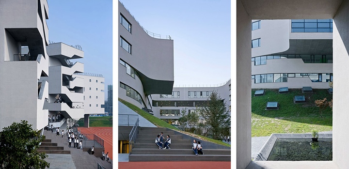 北京四中房山校区多角度校园建筑实景拼图，混凝土与石材立面，展现绿色三星级校园文化建设成果
