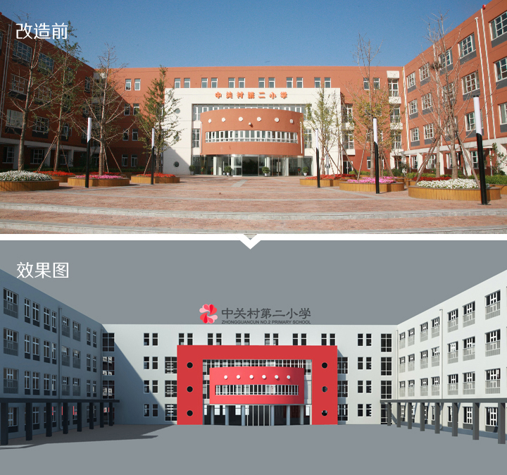 中关村第二小学百旺校区改造前后对比图，上为旧红砖楼下为锦连环设计效果图，体现校园建筑品牌焕新