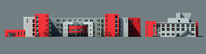 中关村第二小学百旺校区建筑立面设计图，红白灰真石漆外墙搭配校徽标识，展现锦连环教育品牌设计