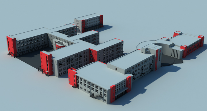 中关村第二小学百旺校区整体三维鸟瞰效果图，红白建筑群组合排布，呈现锦连环校园文化建设规划设计