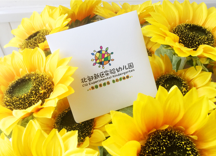 北部新区实验幼儿园品牌设计应用，向日葵丛中摆放印有园所标志的卡片，呼应葵花森林主题校园文化