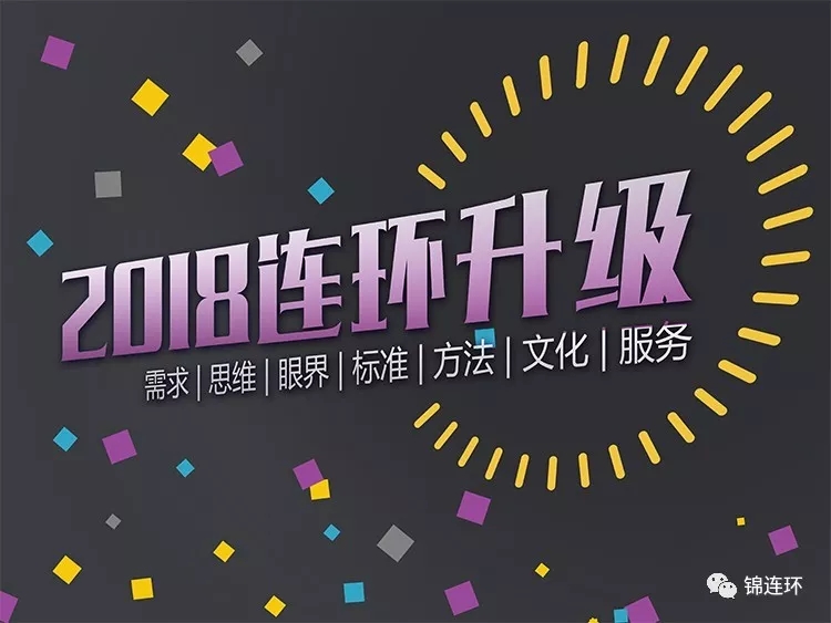 锦连环2018连环升级主题海报，深色背景紫色标题搭配需求思维眼界标准方法文化服务七大升级关键词，体现教育品牌设计升级