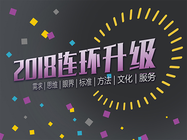 锦连环2018连环升级主题海报，深色背景紫色标题搭配需求思维眼界标准方法文化服务七大升级关键词