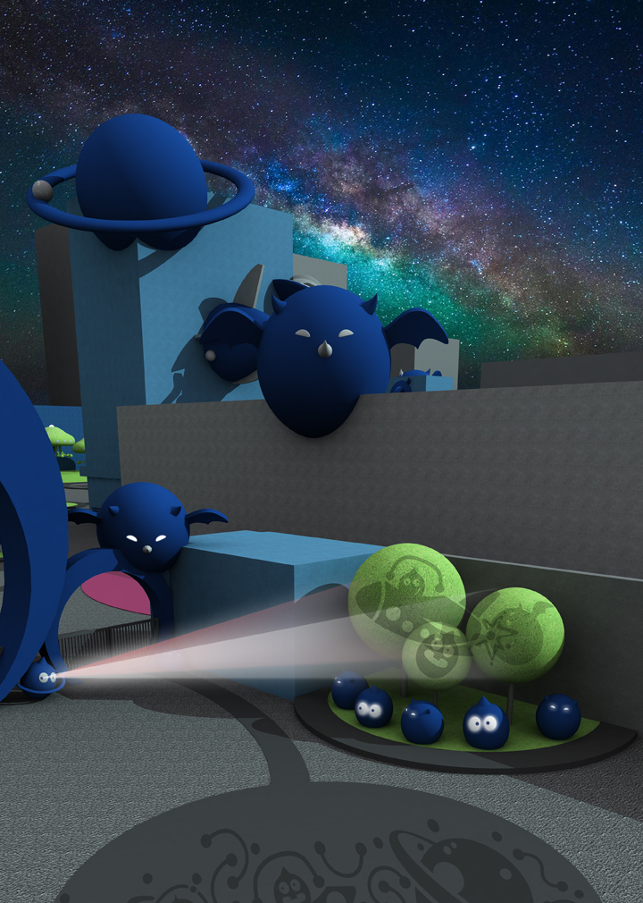 校园景观3D效果图，星空银河背景墙搭配蓝色卡通土星形象，中科大幼儿园科技主题环境设计