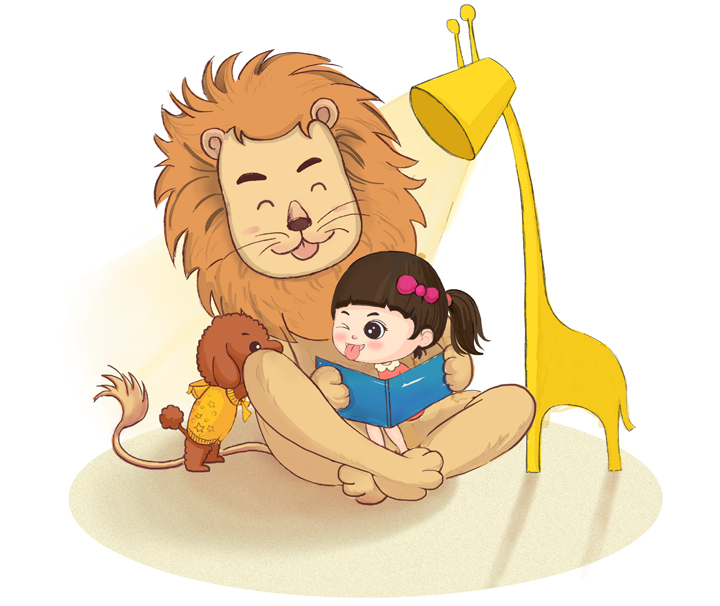 卡通插画，狮子陪伴扎辫子小女孩在台灯下读书，小猴长颈鹿相伴的亲子阅读场景