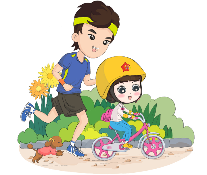 卡通插画，父亲陪伴戴头盔的女孩骑自行车户外锻炼，阳光亲子陪伴场景