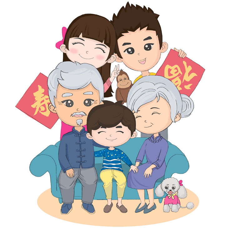 卡通插画，三代同堂全家福，长辈父母与孩子团聚，福寿春联映衬团圆陪伴