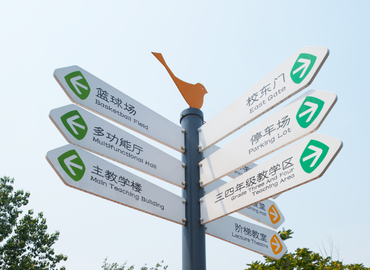 田村中心小学户外指示导视牌，绿色指向标识与飞鸟造型顶饰构成导视系统