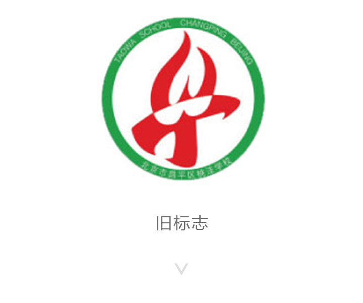桃洼学校旧版校徽标志,绿色圆环内红色火炬图形的原有标识