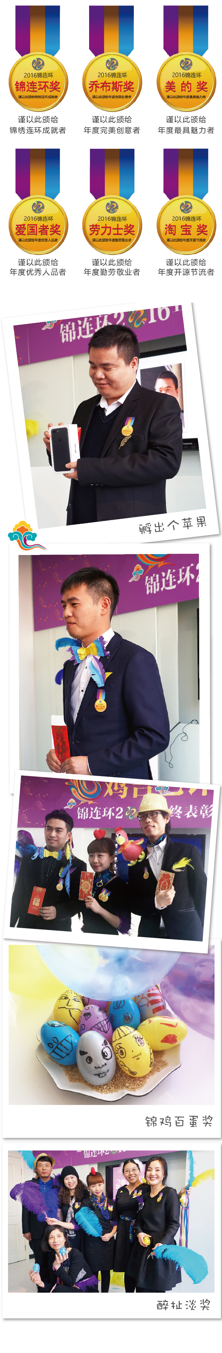 锦连环年终表彰大会颁奖环节拼图，员工佩戴奖牌领取彩蛋创意奖项并合影留念