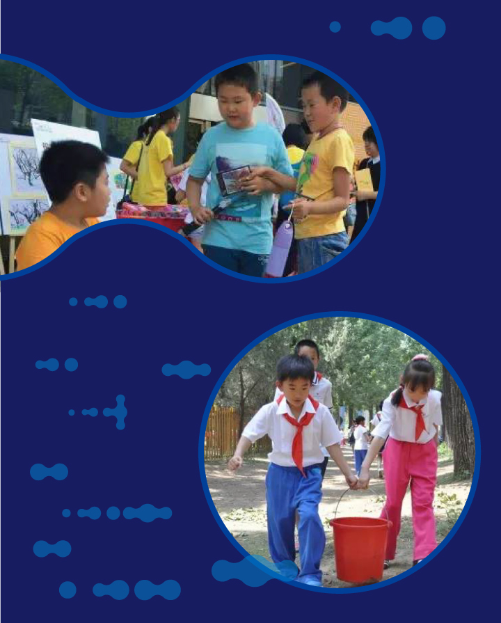 深蓝背景圆形照片展现海淀实验二小学生实验与校园活动，体现实验文化办学特色