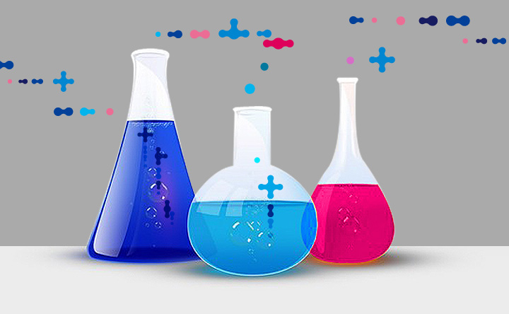 蓝粉液体化学实验烧瓶配加号元素，象征海淀实验二小实验文化与探索创新精神