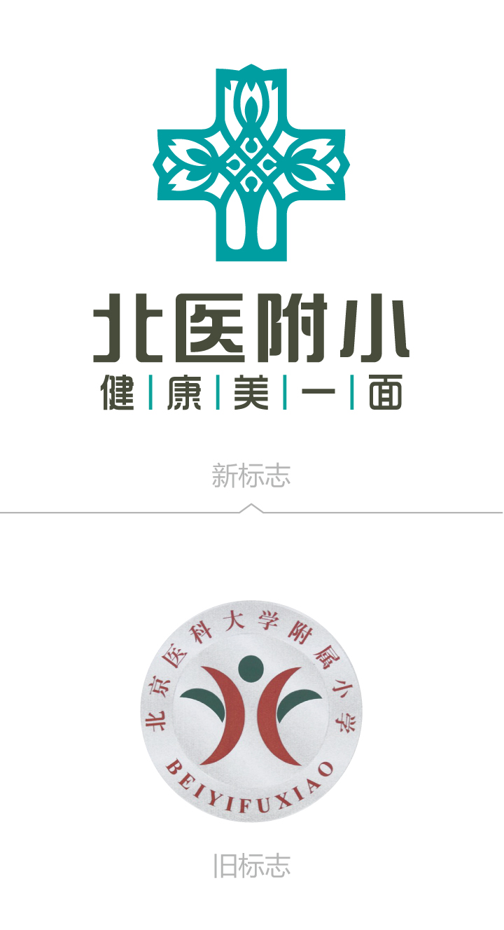 北医附小品牌标志新旧对比，剪纸十字新标志取代红色人形旧标志，锦连环教育品牌LOGO设计