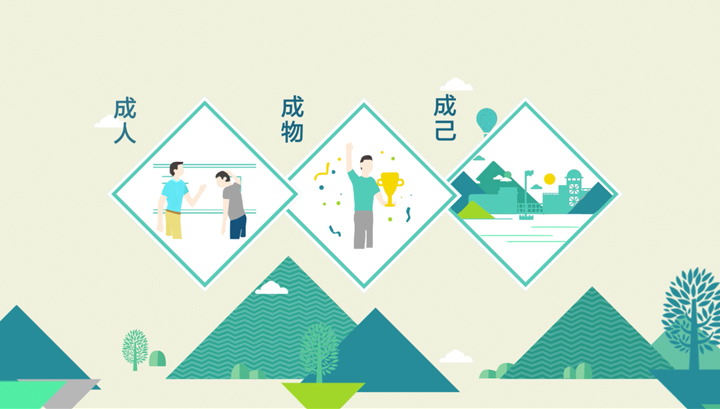 北京市大峪中学菱形山峰构图人物插画，山谷相生自然天成理念，锦连环学校文化建设