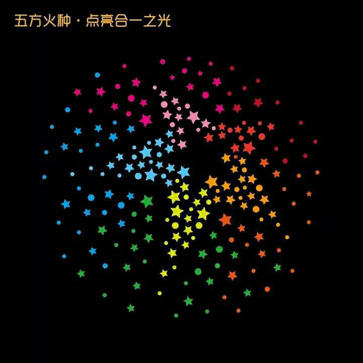 石油二小星火主题视觉图，黑底彩色星点发散图案，锦连环学校文化建设设计元素