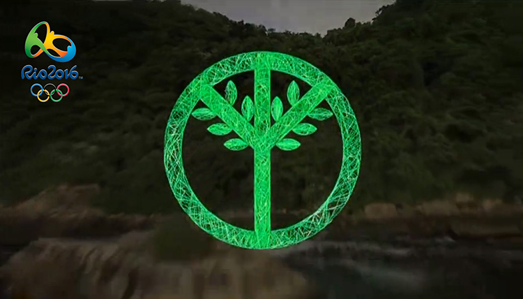 里约奥运开幕式首个全绿奥运五环造型，绿色圆环搭配树苗，环保品牌设计创意
