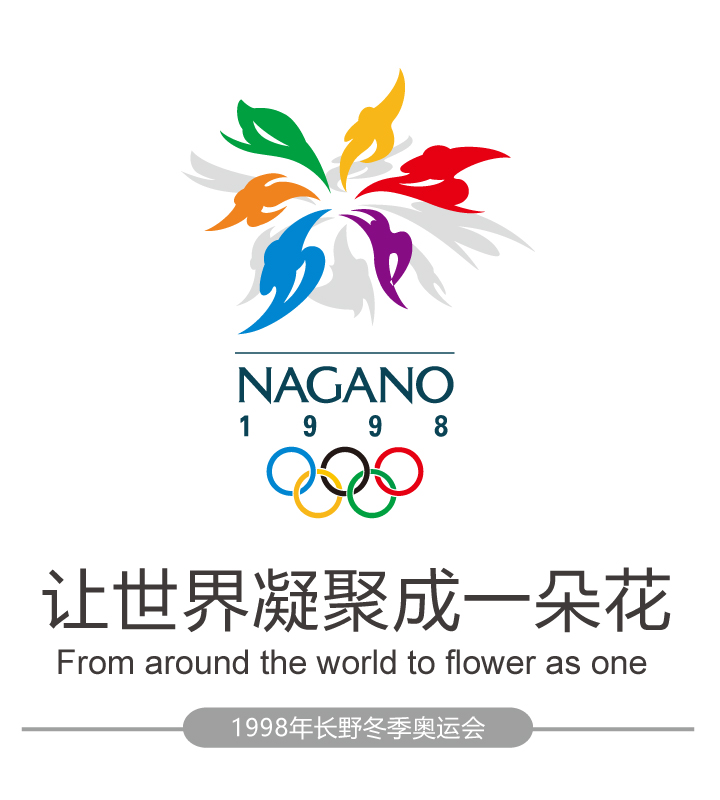 1998年长野冬季奥运会会徽与口号让世界凝聚成一朵花，花朵造型会徽标志设计
