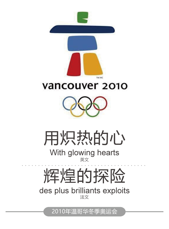 2010年温哥华冬季奥运会会徽与口号用炽热的心，因纽特石堆造型会徽设计