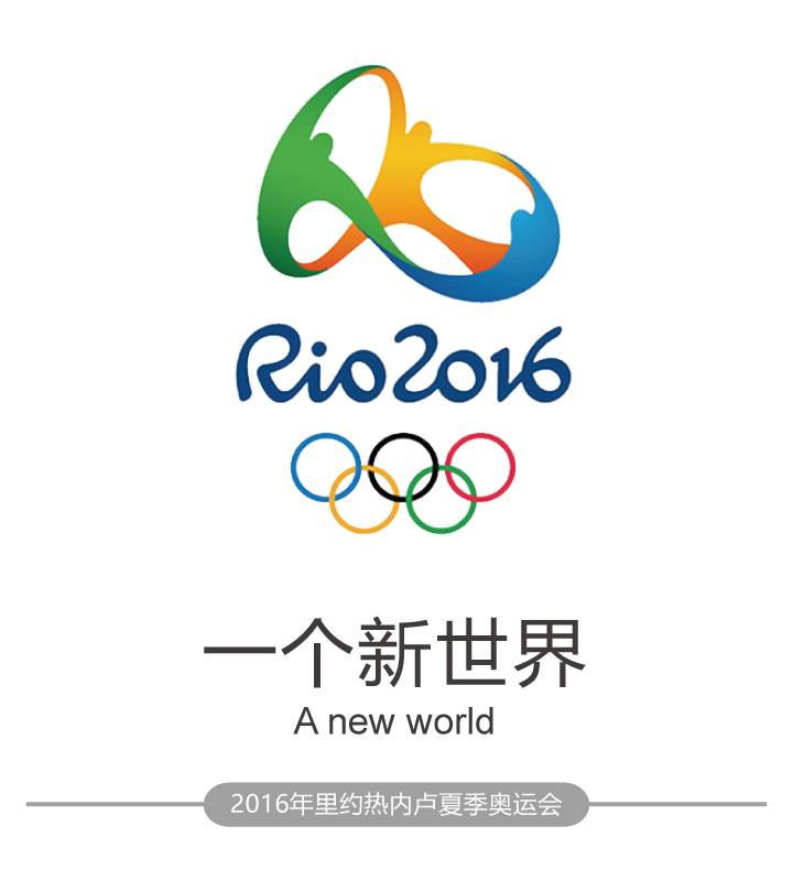 2016年里约夏季奥运会会徽，三人手拉手立体造型搭配五环，品牌标志设计