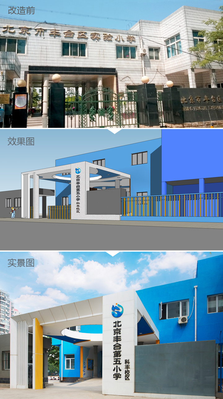 学校校门改造前后对比图，从旧校门到蓝色海洋主题新校门实景，北京丰合第五小学环境建设