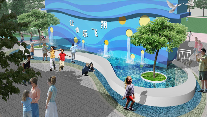 校园户外活动区效果图，蓝色海洋主题文化墙与水景，师生在其中活动游玩