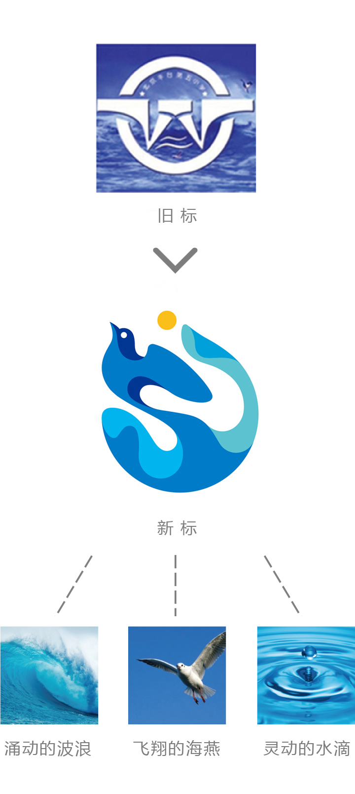 学校新旧标志对比，由旧校徽升级为蓝色海浪海燕水滴元素新标识，校徽VI设计