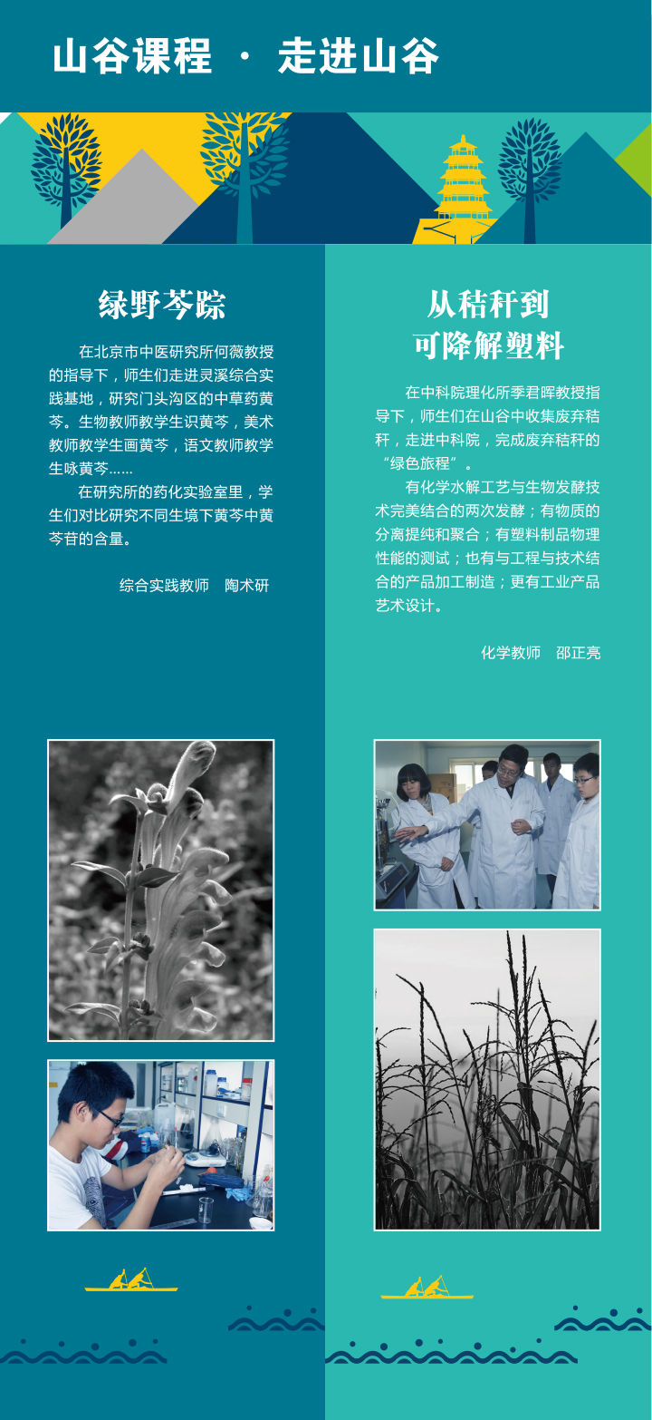 大峪中学“山谷课程·走进山谷”版面，绿野苓踪与可降解塑料课程，锦连环校园课程设计