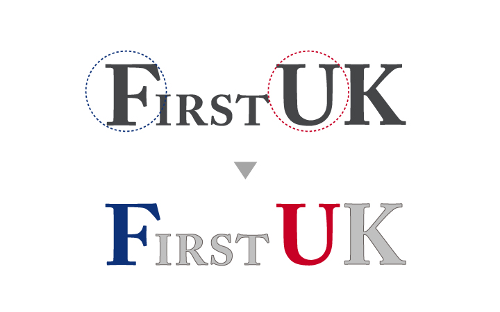 First UK标志字体演变图，由单色升级为英伦红蓝配色，锦连环教育品牌升级设计