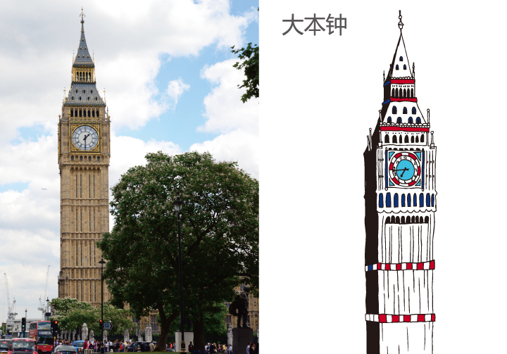 伦敦大本钟实景与红蓝手绘插画对照，First UK英伦地标，锦连环教育品牌设计