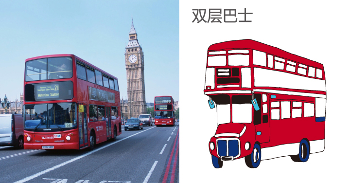 伦敦双层巴士实景与手绘插画对照，First UK英伦风情，锦连环教育品牌设计