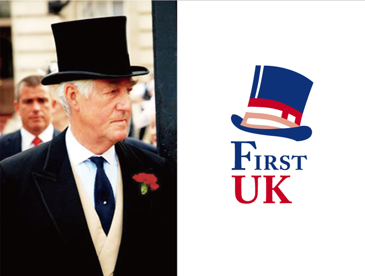 戴高顶礼帽绅士实景与First UK礼帽标志，英伦绅士气质，锦连环教育品牌设计