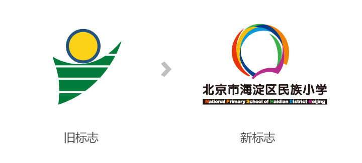 海淀区民族小学校徽新旧标志对比，体现教育品牌升级设计