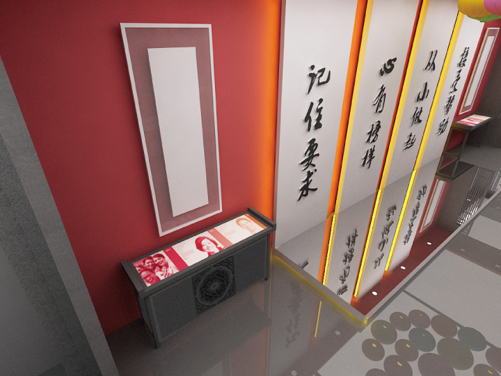 民族小学校园文化墙效果图，中式书法立柱展现记住要求文化内涵