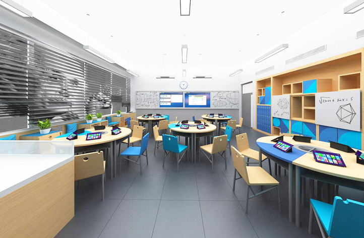 新英才学校理科未来教室效果图，圆桌平板的灵活学习空间设计