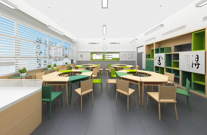 新英才学校未来教室效果图，绿色调圆桌与书法墙的学科教室设计