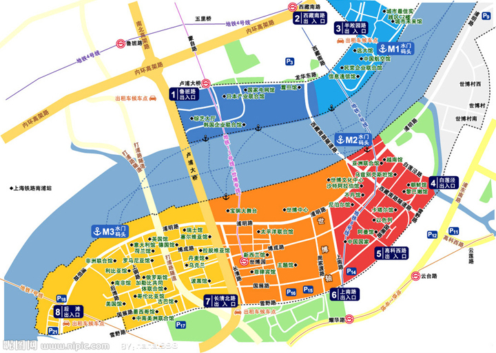 2010上海世博会彩色平面示意图，展示园区分布规划