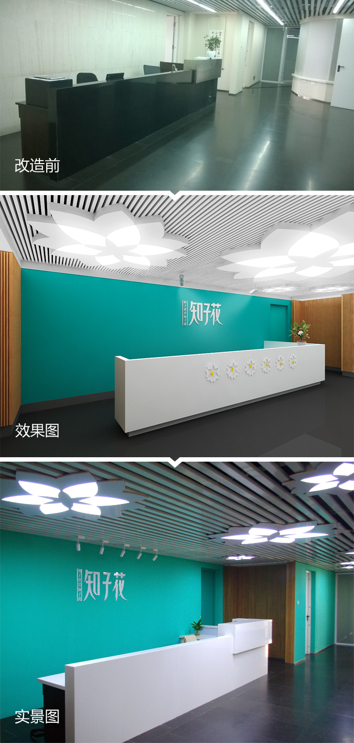 知子花办公空间走廊与墙面实景落地照片，锦连环教育品牌环境建设施工呈现
