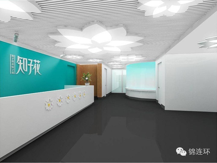 知子花室内走廊与前台接待区效果图，青绿色品牌墙面，锦连环教育品牌空间环境设计