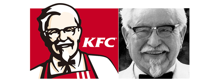 肯德基KFC桑德斯上校卡通商标与创始人黑白照片，品牌化设计塑造识别度极高的个人形象