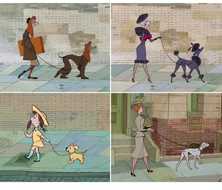 四格复古插画不同人物牵伴宠物行走街头，以差异化形象隐喻群聚状态下的个人品牌识别